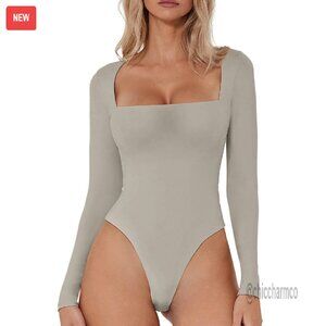 Long Sleeve Square Neck Bodysuit Double Lined Sculpting Shirt Top